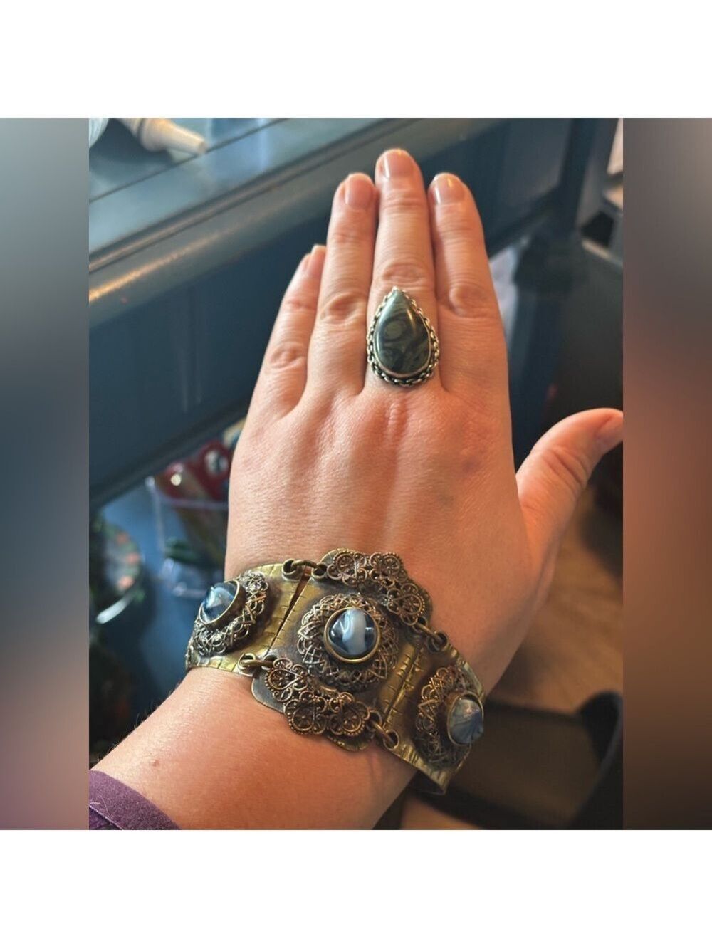 c.1930’s Art Deco Brass Filigree + Hand-Marbled Czech Glass Bracelet • Rare - Picture 5 of 16